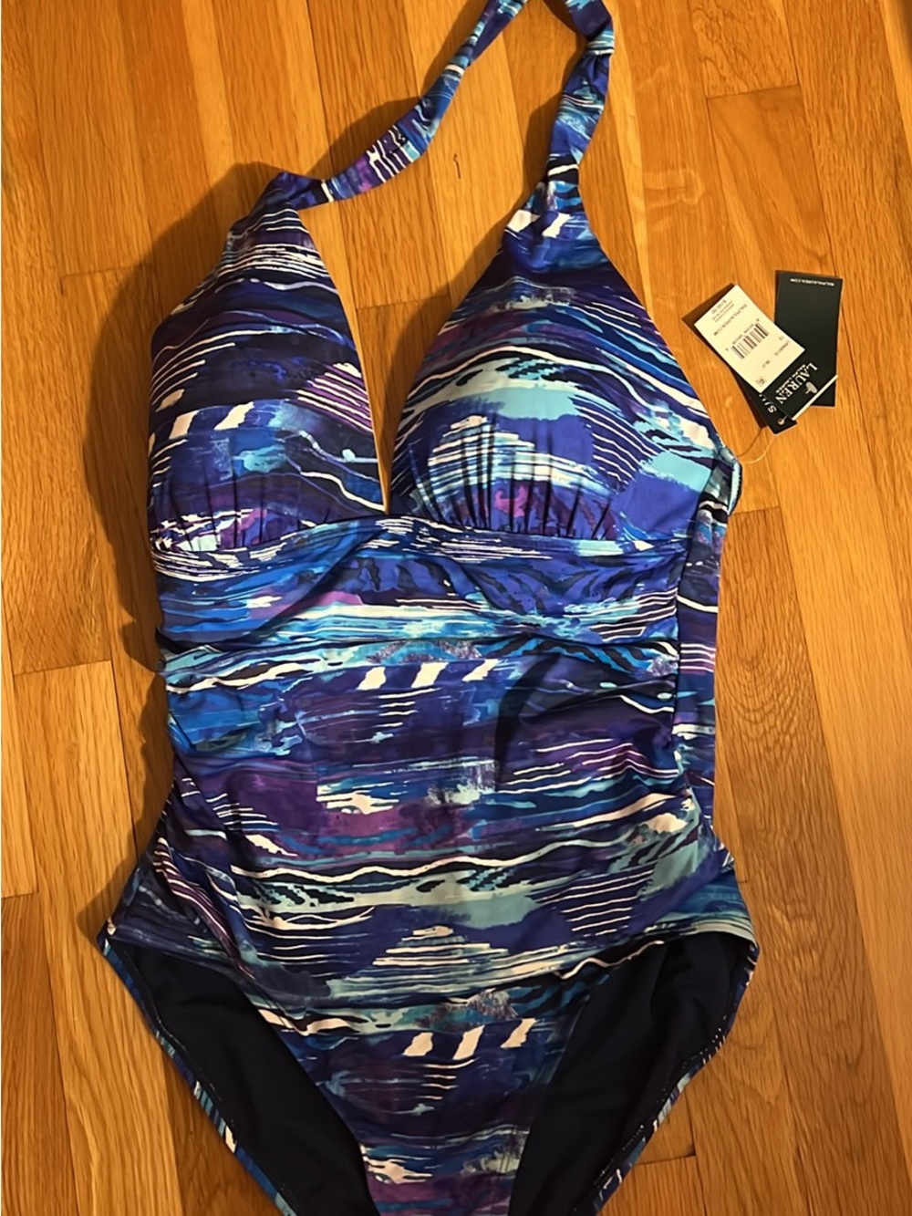 Ralph Lauren Blue Multi-Stripe Halter One-Piece Swimsuit